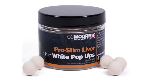 CC MOORE - Plávajúce boilies Pro-Stim Liver White Pop Ups 14 mm 45 ks