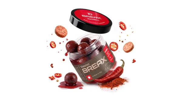 DELPHIN - Boilies v dipe BreaX HotHELL Robin red-Chilli Fr.Klobása 16 mm 200 ml