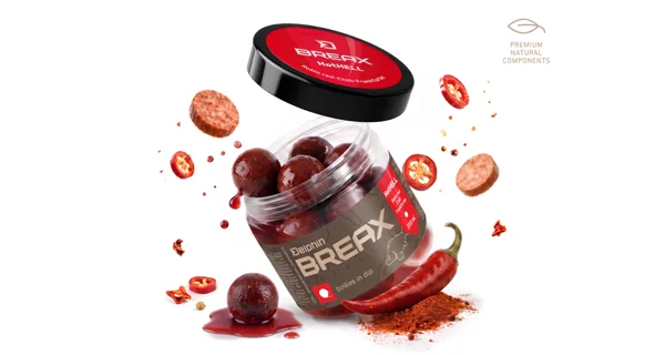 DELPHIN - Boilies v dipe BreaX HotHELL Robin red-Chilli Fr.Klobása 20 mm 200 ml