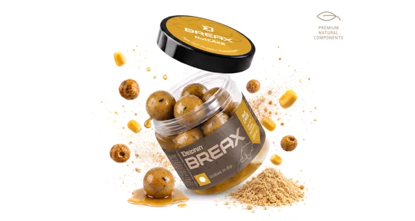 DELPHIN - Boilies v dipe BreaX NutCAKE tigrí orech Scopex Sladká kukurica 24 mm 200 ml
