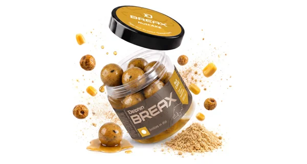 DELPHIN - Boilies v dipe BreaX NutCAKE tigrí orech Scopex Sladká kukurica 24 mm 200 ml