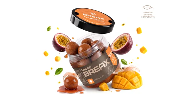 DELPHIN - Boilies v dipe BreaX PassionKRILL Krill Mango 16 mm 200 ml