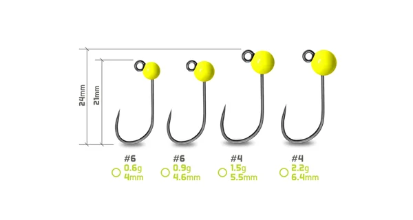 DELPHIN - Jigová hlavička T-AREA BL Volfrámový jig fluo žltý 5 ks veľ. 4 2,2 g 6,4 mm