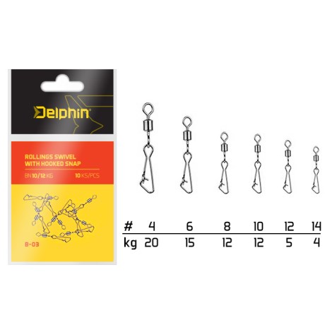 DELPHIN - Karabína na obratlíku Rollings Swivel with Hooked Snap B-03 10 ks BN 10/12 kg