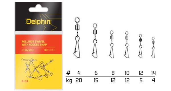 DELPHIN - Karabína na obratlíku Rollings Swivel with Hooked Snap B-03 10 ks BN 6/15 kg