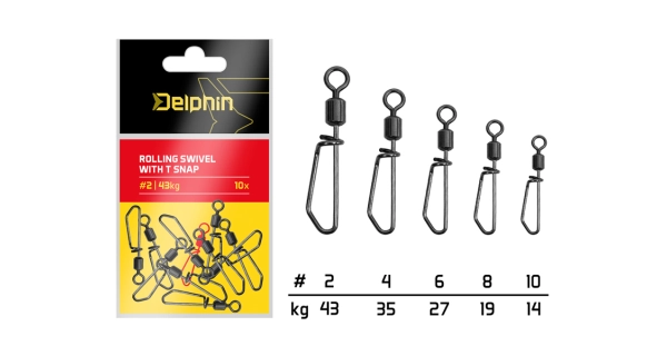 DELPHIN - Karabínka s obratlíkom Rolling Swivel With T Snap veľ. 2 43 kg 10 ks