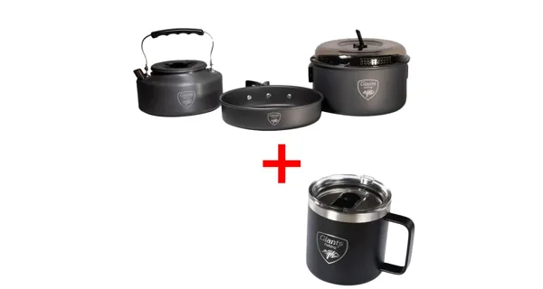 GIANTS FISHING - Akčný set Sada riadu s kanvičkou + Nerezový thermo hrnček 400 ml