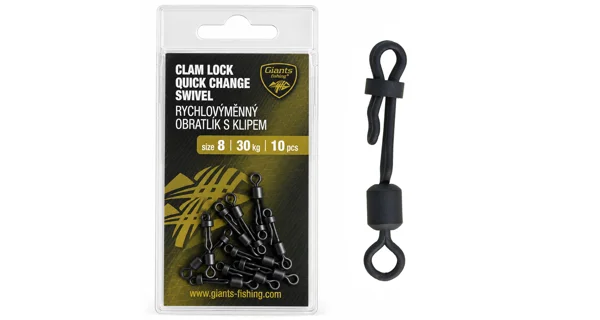 GIANTS FISHING - Rýchlovýmenný obratlík s klipom Clam Lock Quick Change Swivel 30 kg veľ. 8 10 ks