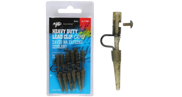 GIANTS FISHING - Záves na záťažku Heavy Duty Lead Clip with Pin Camo 6 ks
